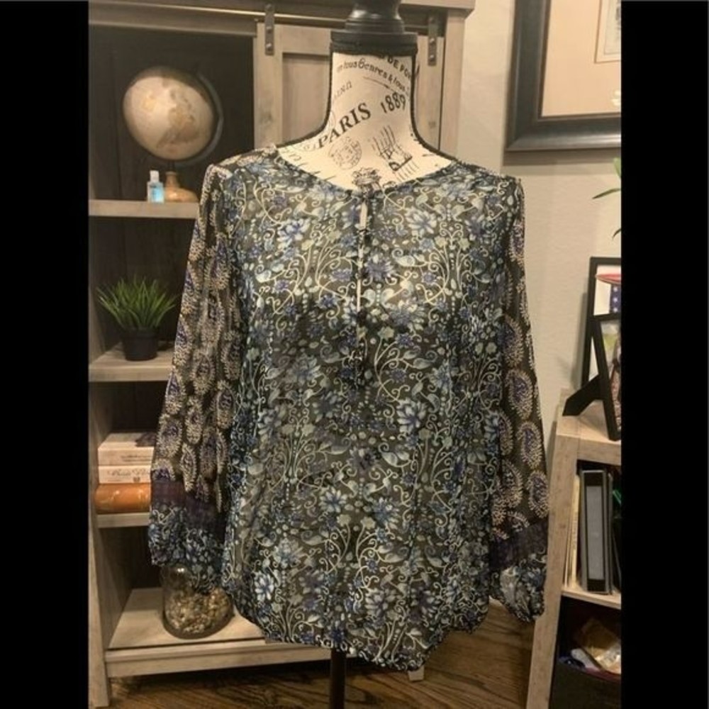 Lucky Brand Floral Sheer Navy Blue and Cream Blouse